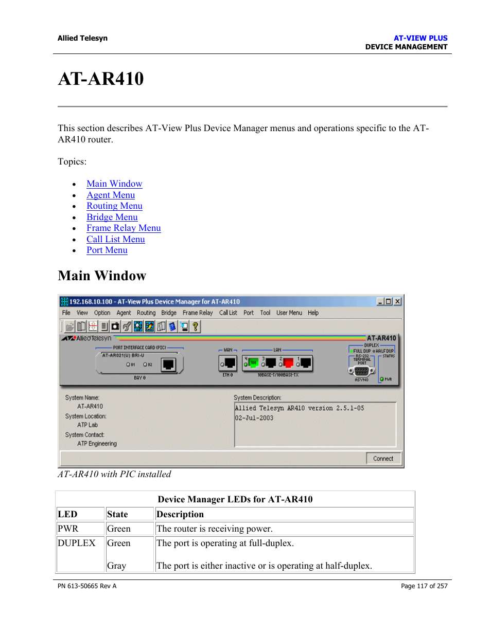 At-ar410, Main window | Allied Telesis AT-VIEW PLUS 3.0 DEVICE MANAGEMENT User Manual | Page 117 / 257