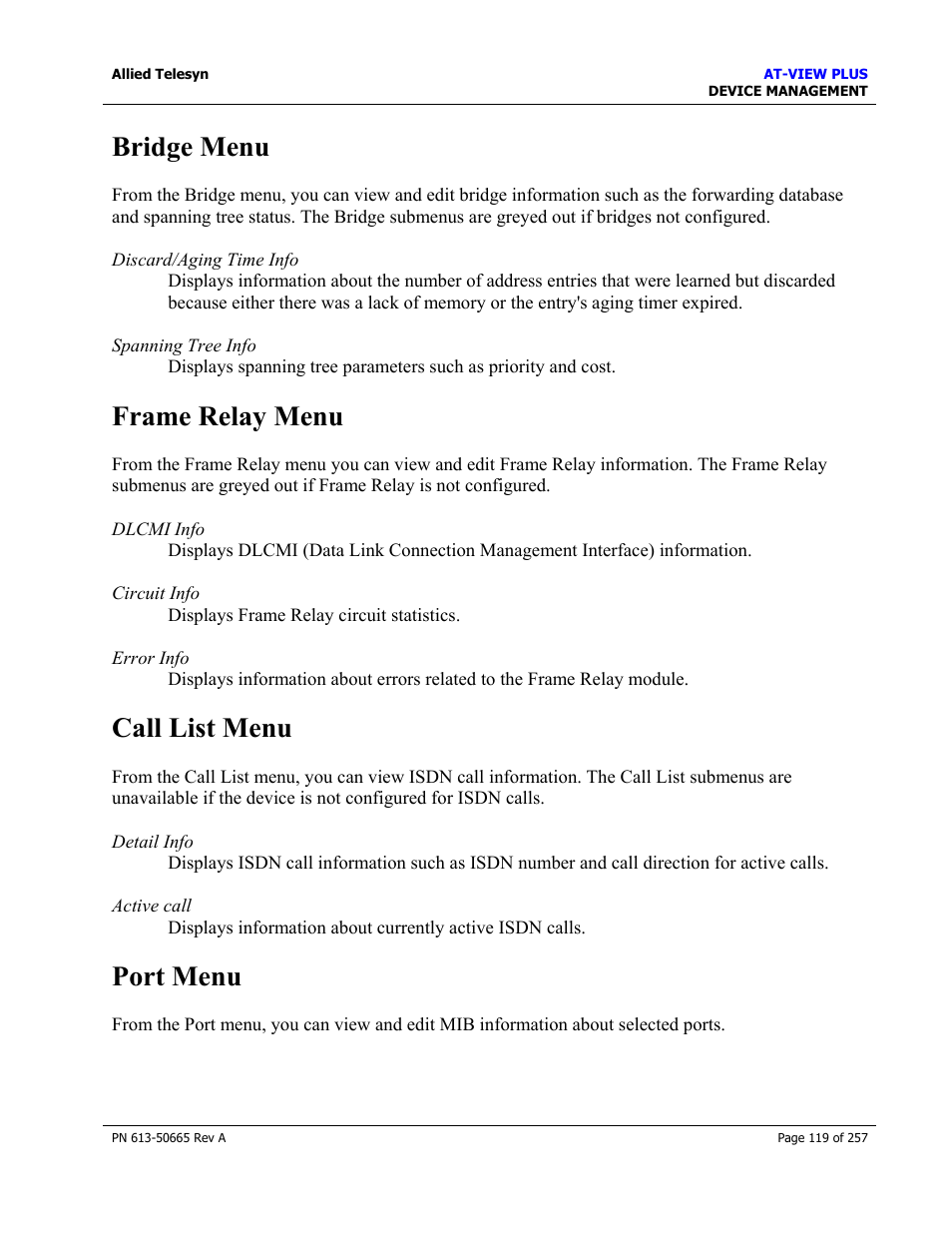 Bridge menu, Frame relay menu, Call list menu | Port menu | Allied Telesis AT-VIEW PLUS 3.0 DEVICE MANAGEMENT User Manual | Page 119 / 257