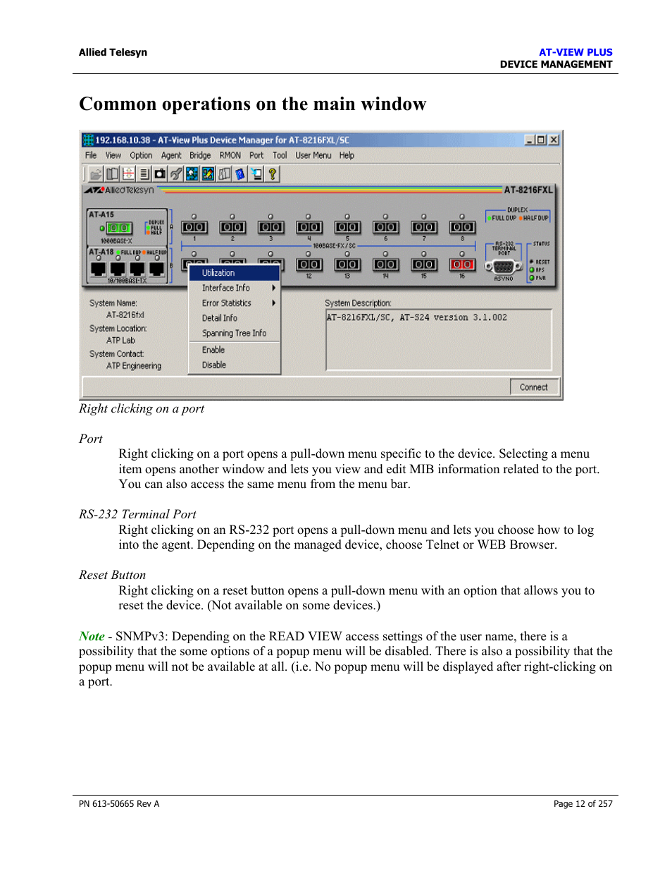 Common operations on the main window, Menu for stacked devices | Allied Telesis AT-VIEW PLUS 3.0 DEVICE MANAGEMENT User Manual | Page 12 / 257