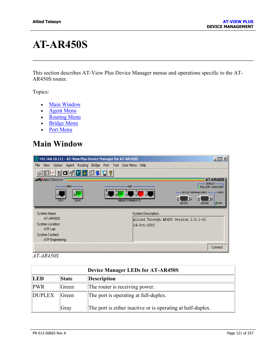 At-ar450s, Main window | Allied Telesis AT-VIEW PLUS 3.0 DEVICE MANAGEMENT User Manual | Page 121 / 257