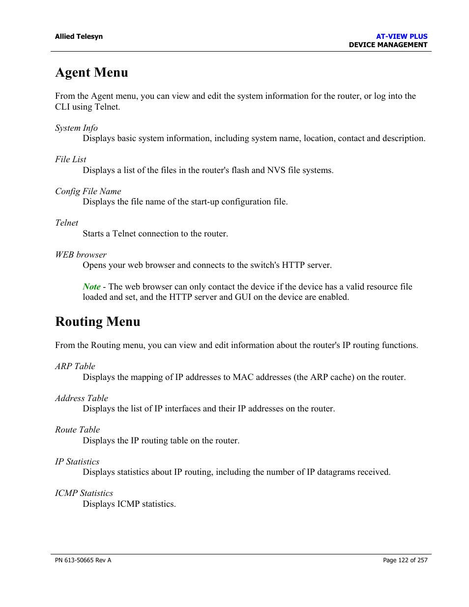 Agent menu, Routing menu, Agent menu routing menu | Bridge menu | Allied Telesis AT-VIEW PLUS 3.0 DEVICE MANAGEMENT User Manual | Page 122 / 257