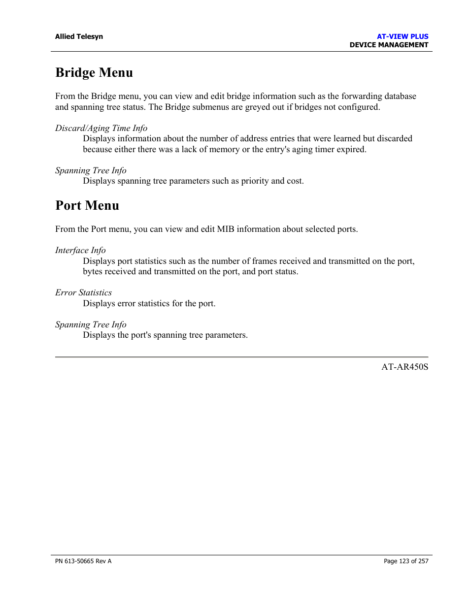 Bridge menu, Port menu, Bridge menu port menu | Allied Telesis AT-VIEW PLUS 3.0 DEVICE MANAGEMENT User Manual | Page 123 / 257