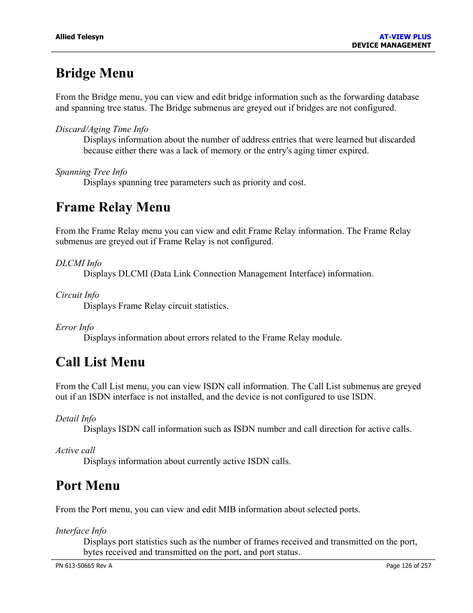Bridge menu, Frame relay menu, Call list menu | Port menu | Allied Telesis AT-VIEW PLUS 3.0 DEVICE MANAGEMENT User Manual | Page 126 / 257