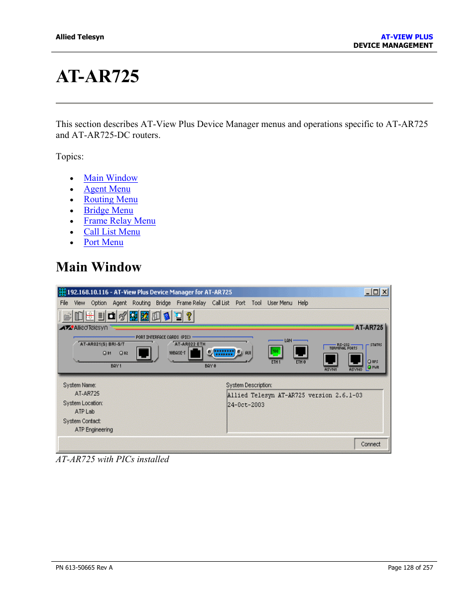 At-ar725, Main window | Allied Telesis AT-VIEW PLUS 3.0 DEVICE MANAGEMENT User Manual | Page 128 / 257