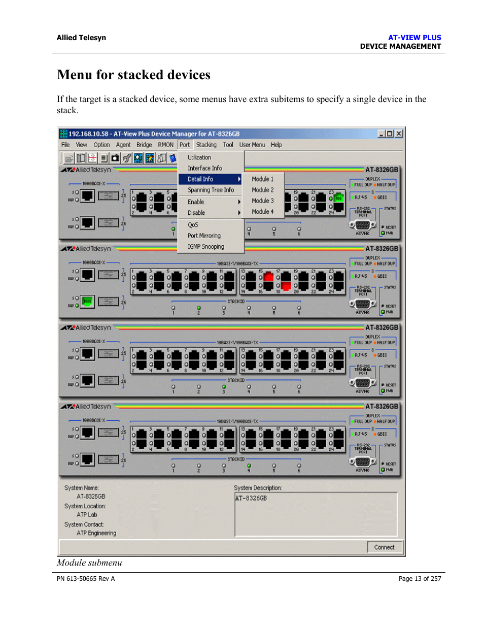 Menu for stacked devices | Allied Telesis AT-VIEW PLUS 3.0 DEVICE MANAGEMENT User Manual | Page 13 / 257