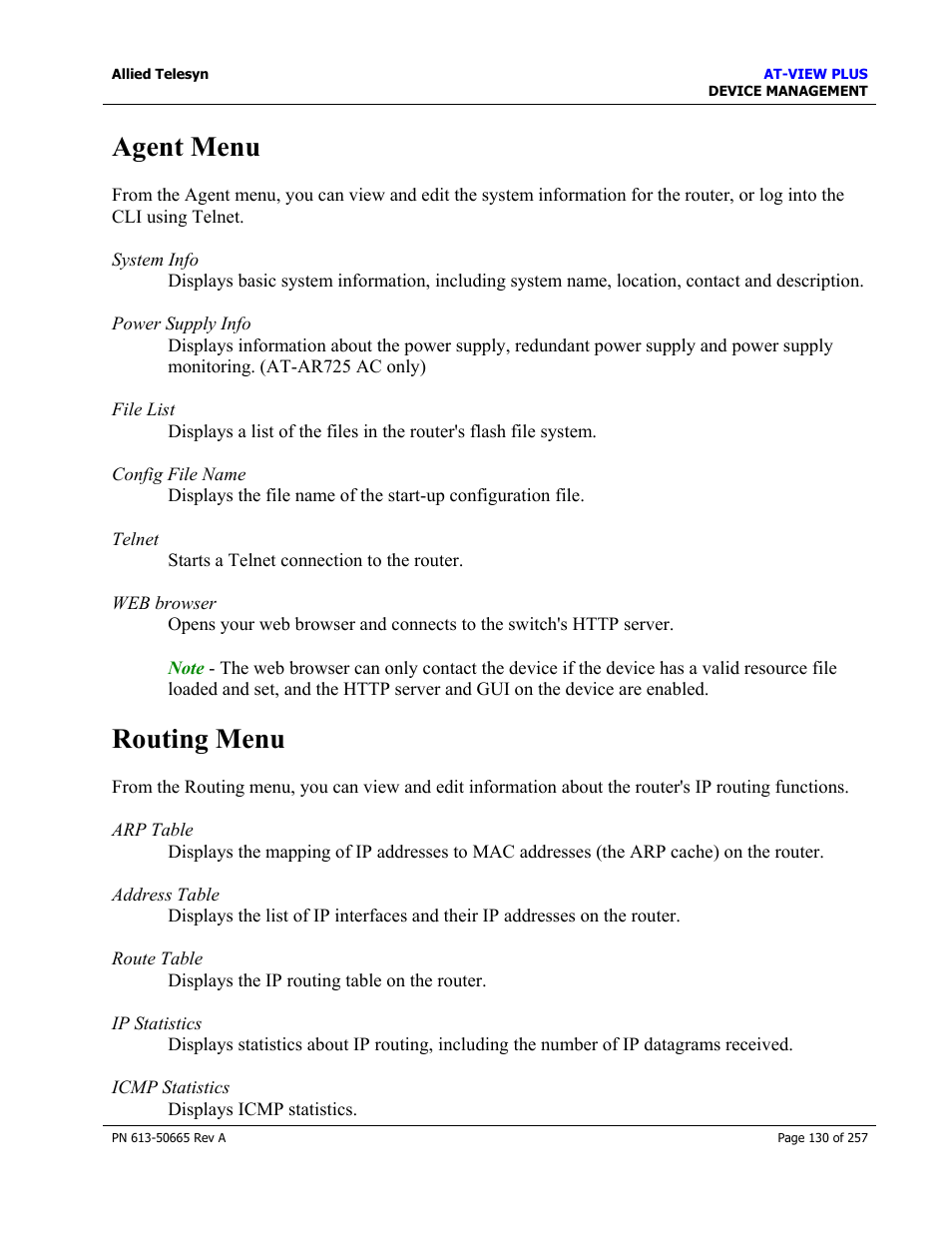 Agent menu, Routing menu, Agent menu routing menu | Allied Telesis AT-VIEW PLUS 3.0 DEVICE MANAGEMENT User Manual | Page 130 / 257