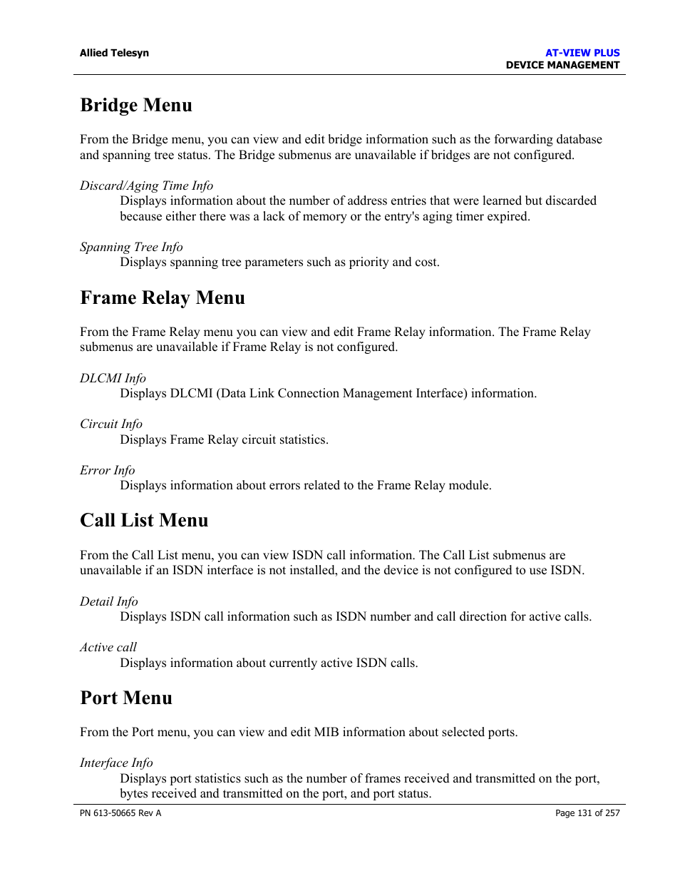 Bridge menu, Frame relay menu, Call list menu | Port menu | Allied Telesis AT-VIEW PLUS 3.0 DEVICE MANAGEMENT User Manual | Page 131 / 257