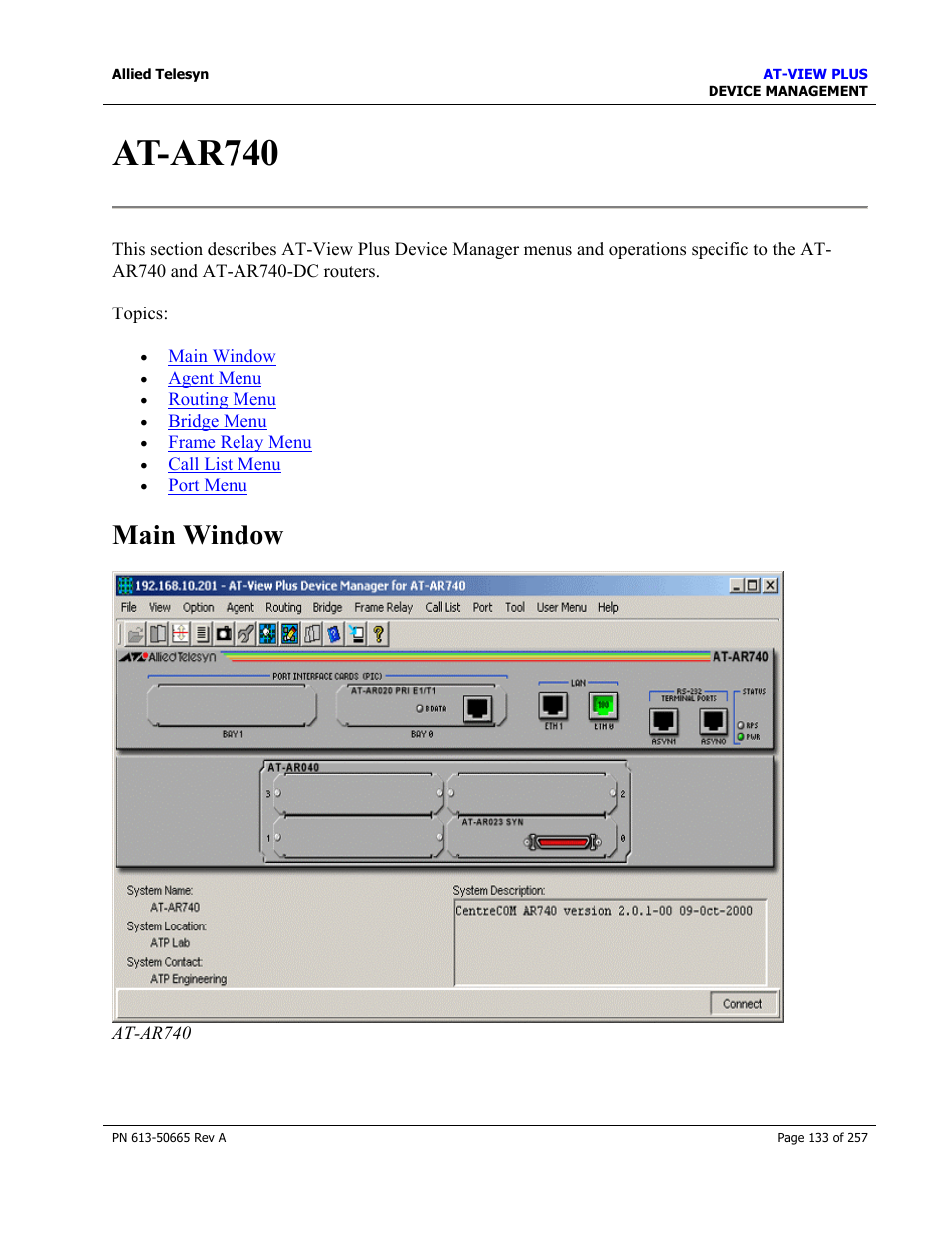 At-ar740, Main window | Allied Telesis AT-VIEW PLUS 3.0 DEVICE MANAGEMENT User Manual | Page 133 / 257