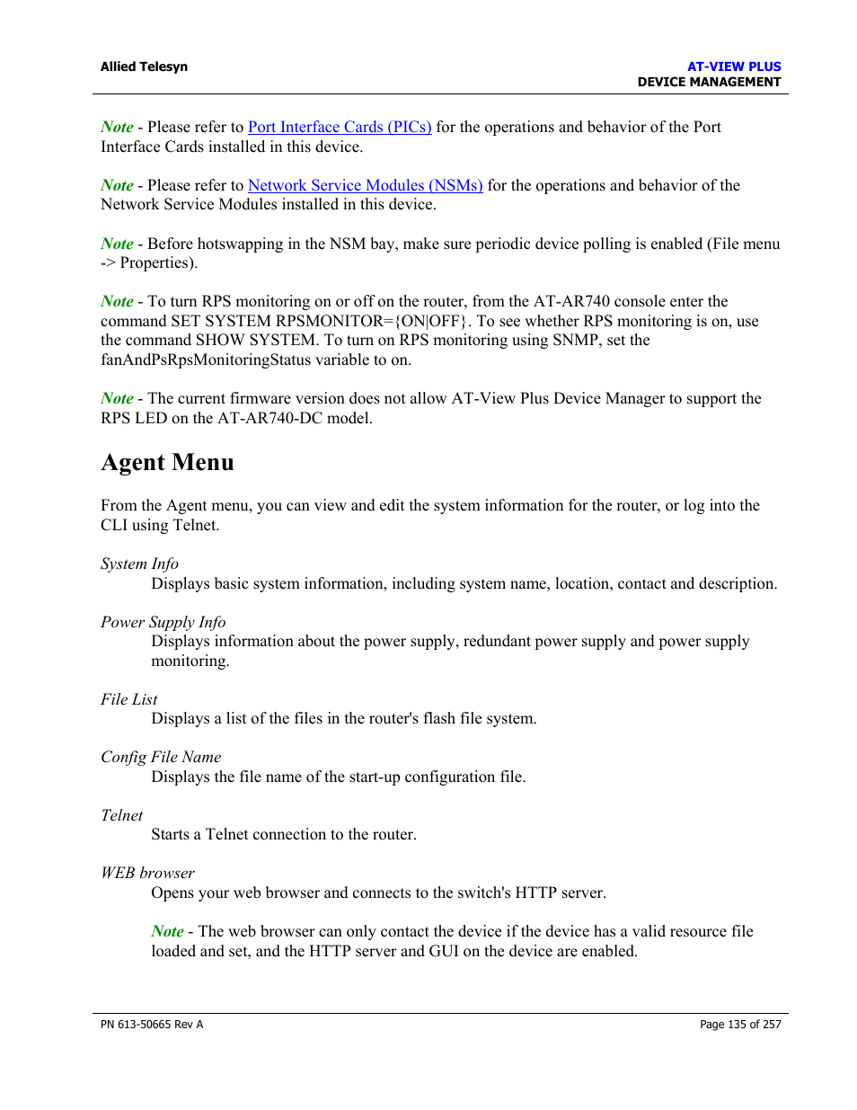 Agent menu, Routing menu | Allied Telesis AT-VIEW PLUS 3.0 DEVICE MANAGEMENT User Manual | Page 135 / 257