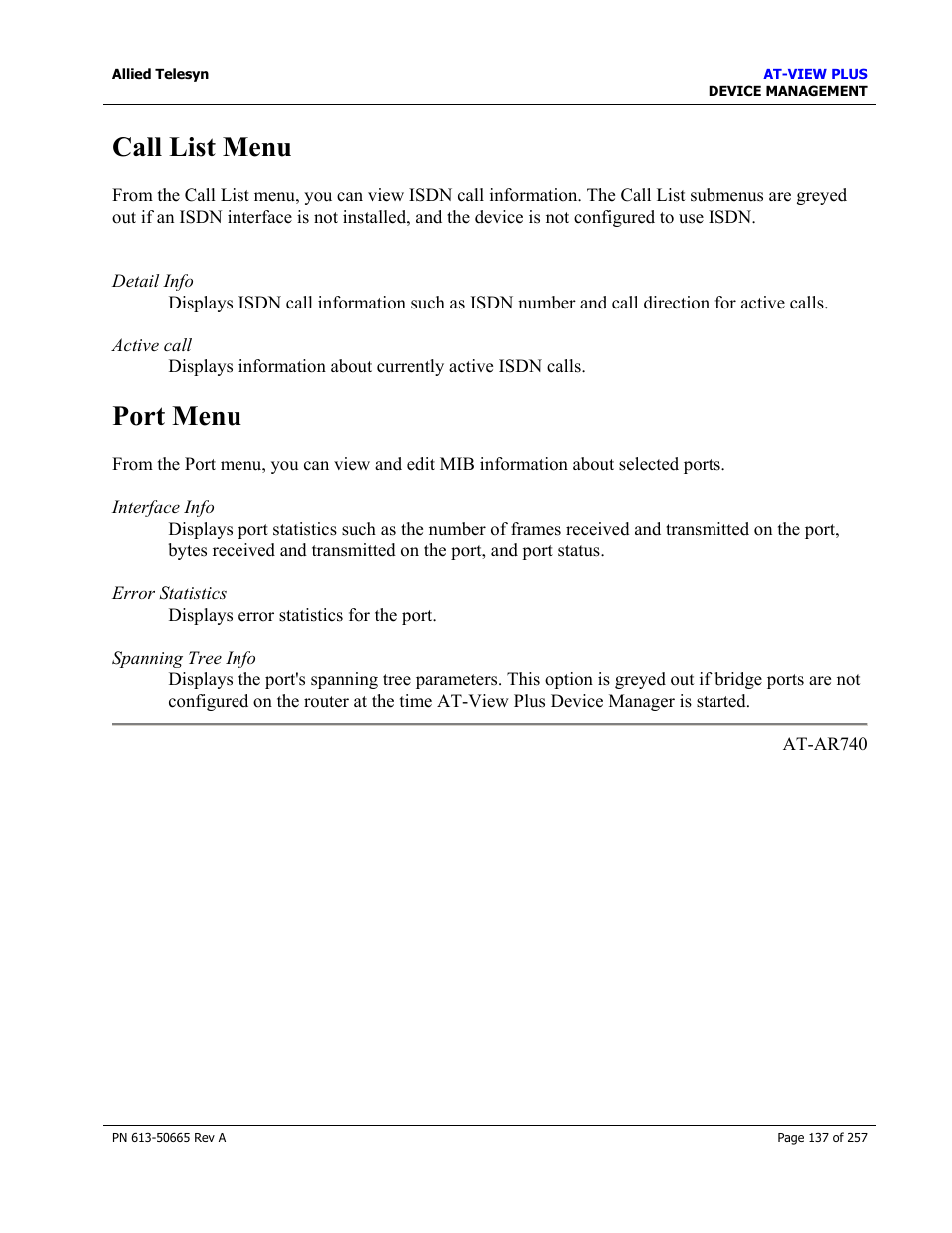 Call list menu, Port menu, Call list menu port menu | Allied Telesis AT-VIEW PLUS 3.0 DEVICE MANAGEMENT User Manual | Page 137 / 257