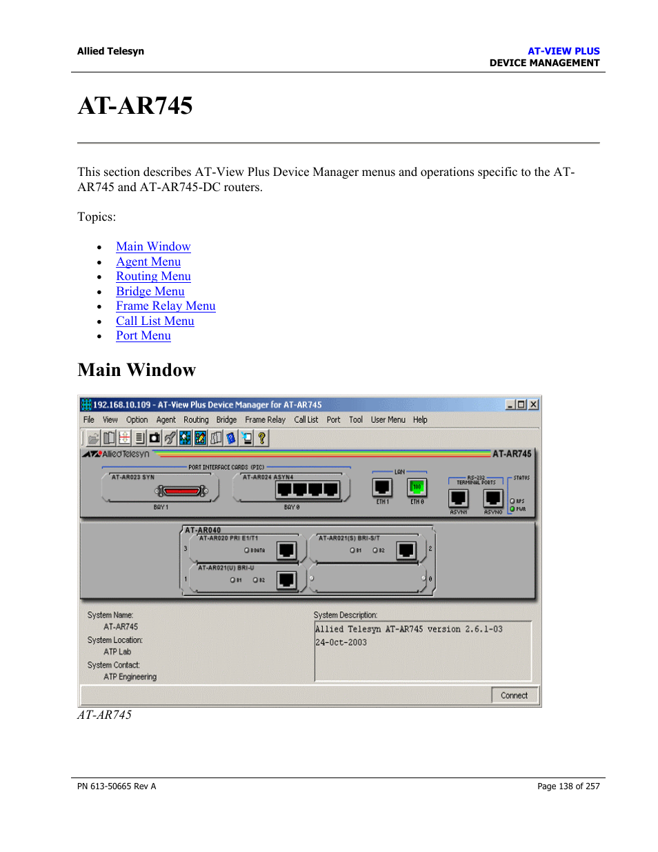 At-ar745, Main window | Allied Telesis AT-VIEW PLUS 3.0 DEVICE MANAGEMENT User Manual | Page 138 / 257