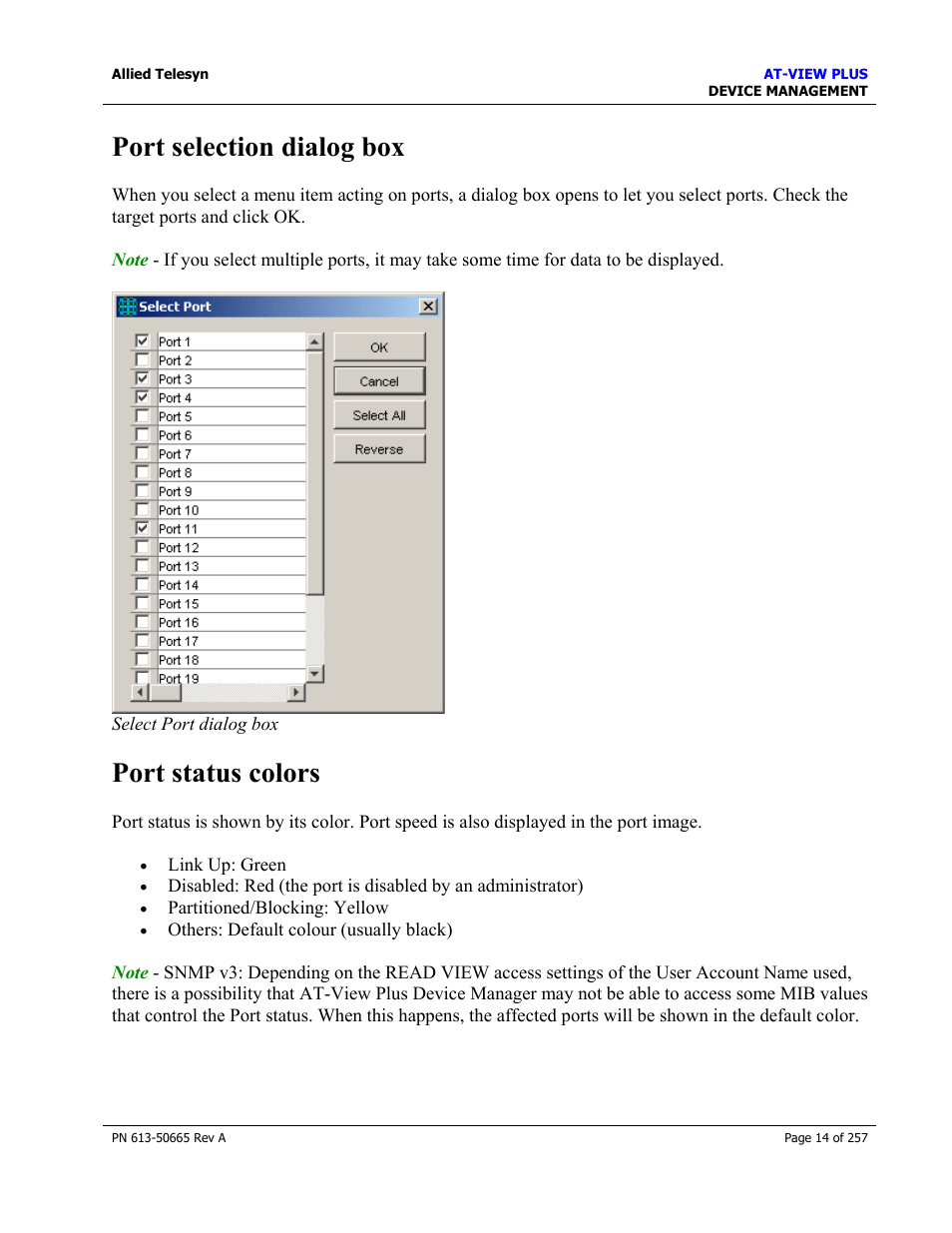 Port selection dialog box, Port status colors, Port selection dialog box port status colors | Led status | Allied Telesis AT-VIEW PLUS 3.0 DEVICE MANAGEMENT User Manual | Page 14 / 257