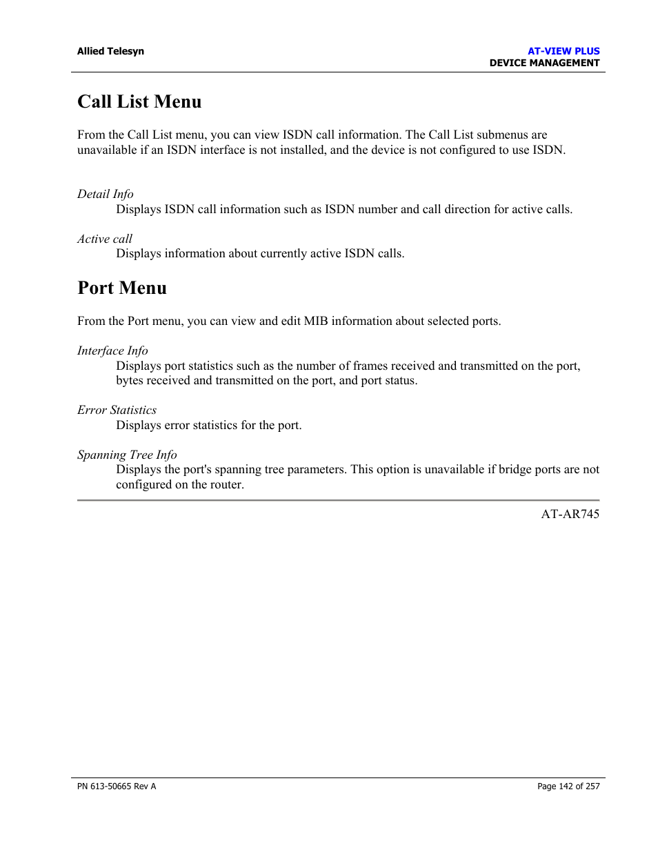 Call list menu, Port menu, Call list menu port menu | Allied Telesis AT-VIEW PLUS 3.0 DEVICE MANAGEMENT User Manual | Page 142 / 257