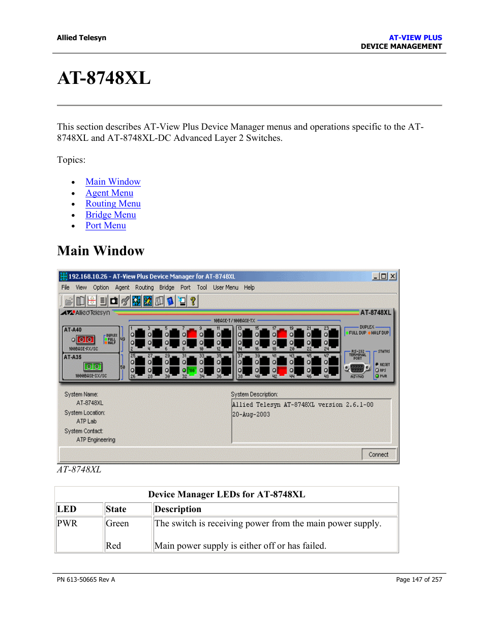 At-8748xl, Main window | Allied Telesis AT-VIEW PLUS 3.0 DEVICE MANAGEMENT User Manual | Page 147 / 257