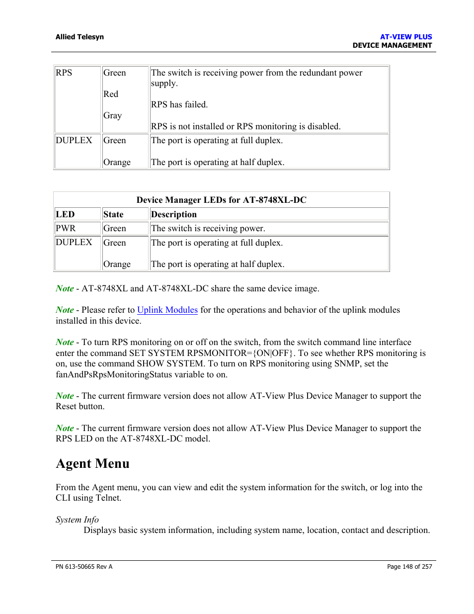 Agent menu | Allied Telesis AT-VIEW PLUS 3.0 DEVICE MANAGEMENT User Manual | Page 148 / 257