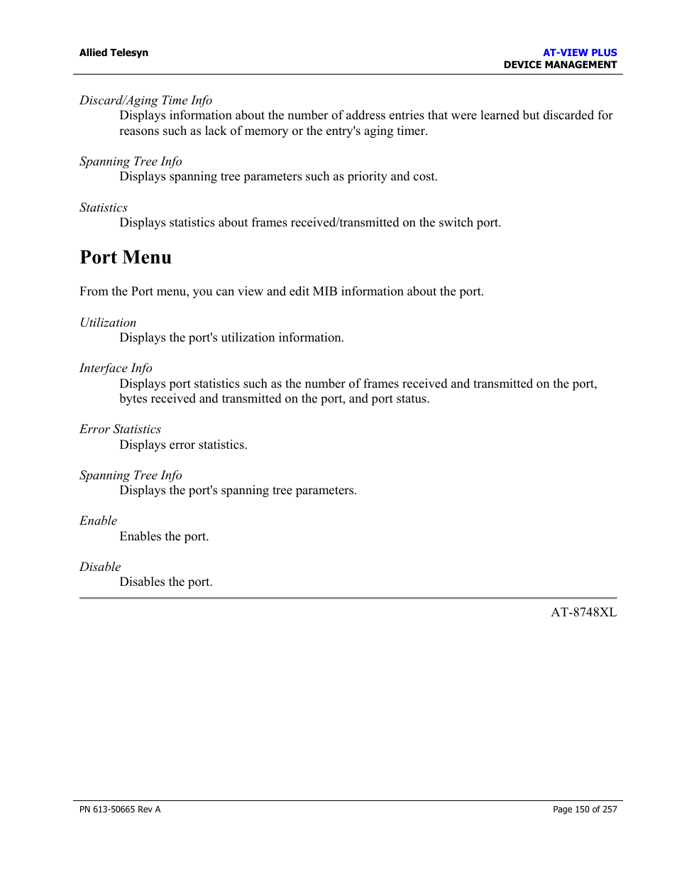 Port menu | Allied Telesis AT-VIEW PLUS 3.0 DEVICE MANAGEMENT User Manual | Page 150 / 257