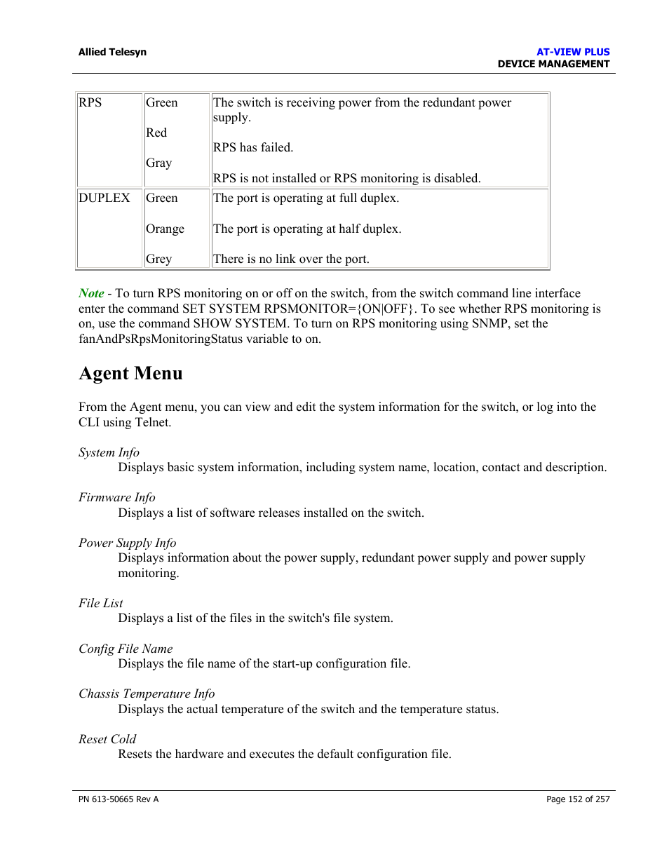 Agent menu | Allied Telesis AT-VIEW PLUS 3.0 DEVICE MANAGEMENT User Manual | Page 152 / 257