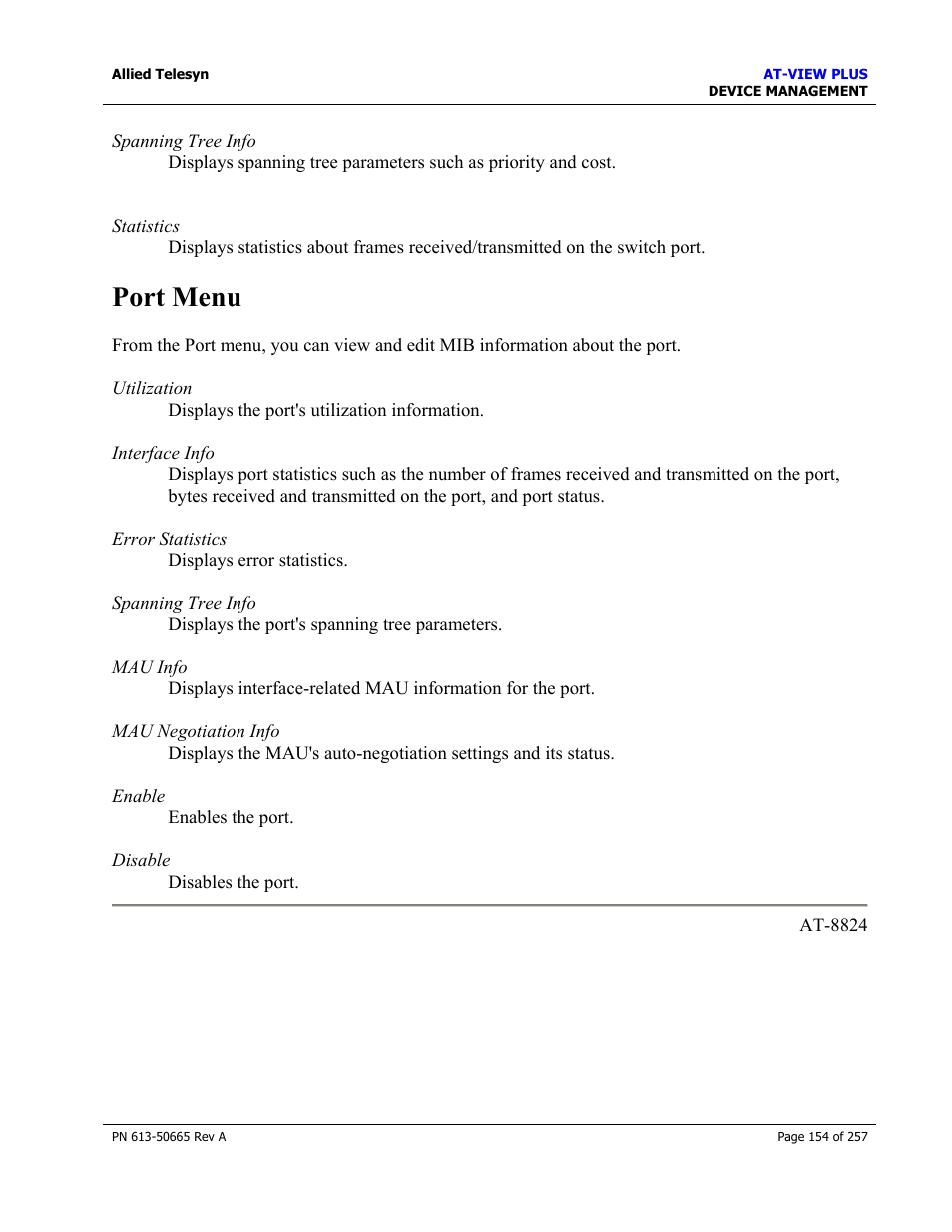 Port menu | Allied Telesis AT-VIEW PLUS 3.0 DEVICE MANAGEMENT User Manual | Page 154 / 257