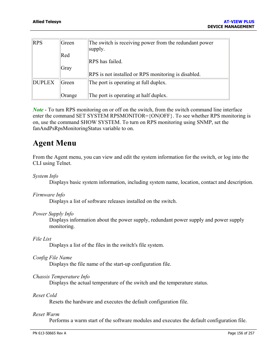 Agent menu | Allied Telesis AT-VIEW PLUS 3.0 DEVICE MANAGEMENT User Manual | Page 156 / 257