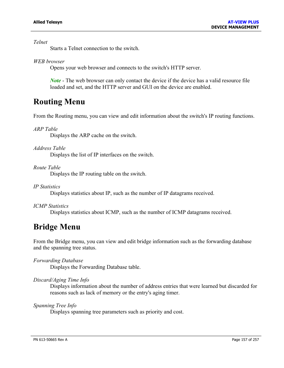 Routing menu, Bridge menu, Routing menu bridge menu | Allied Telesis AT-VIEW PLUS 3.0 DEVICE MANAGEMENT User Manual | Page 157 / 257