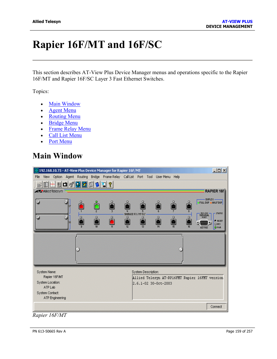 Rapier 16f/mt and 16f/sc, Main window | Allied Telesis AT-VIEW PLUS 3.0 DEVICE MANAGEMENT User Manual | Page 159 / 257