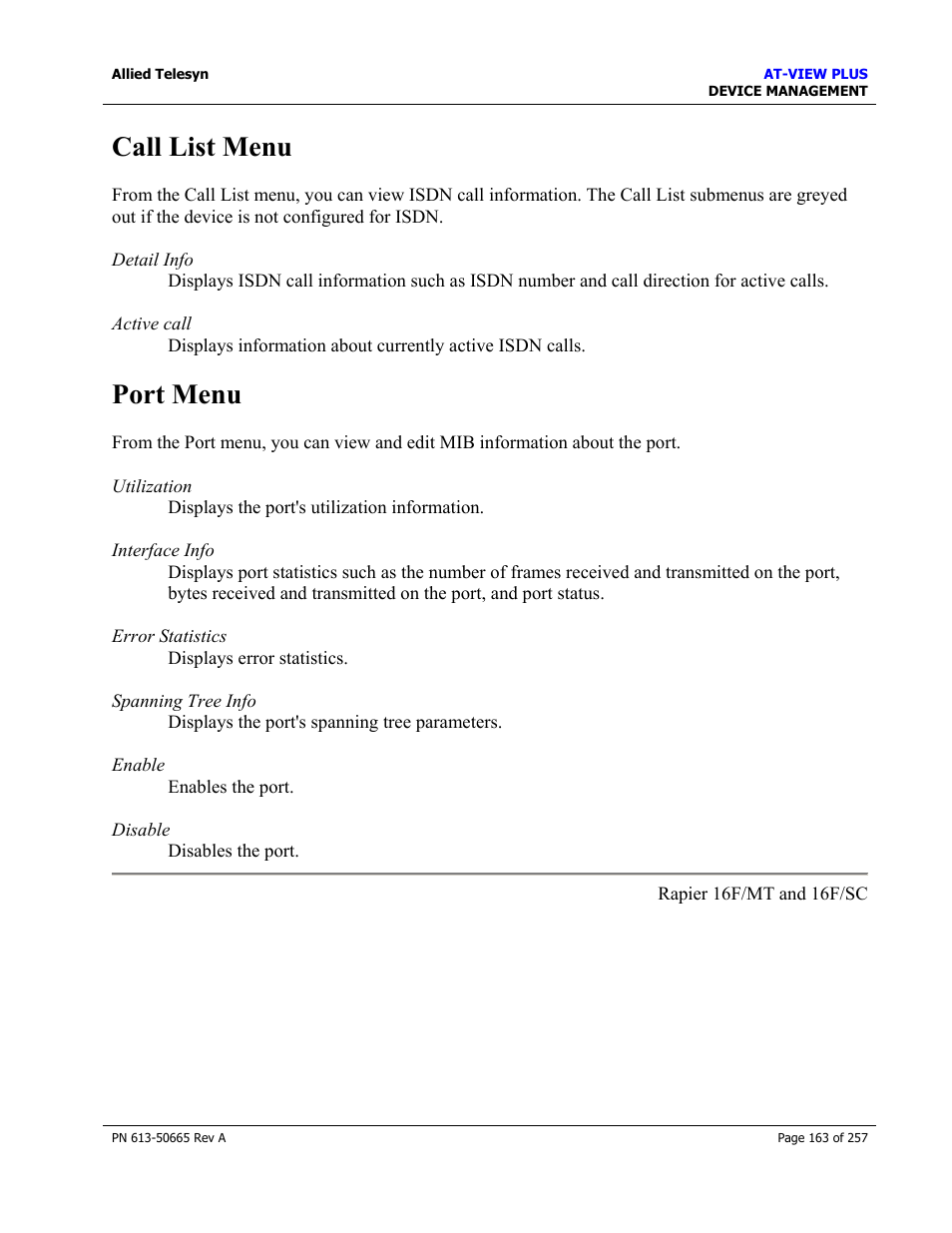 Call list menu, Port menu, Call list menu port menu | Allied Telesis AT-VIEW PLUS 3.0 DEVICE MANAGEMENT User Manual | Page 163 / 257
