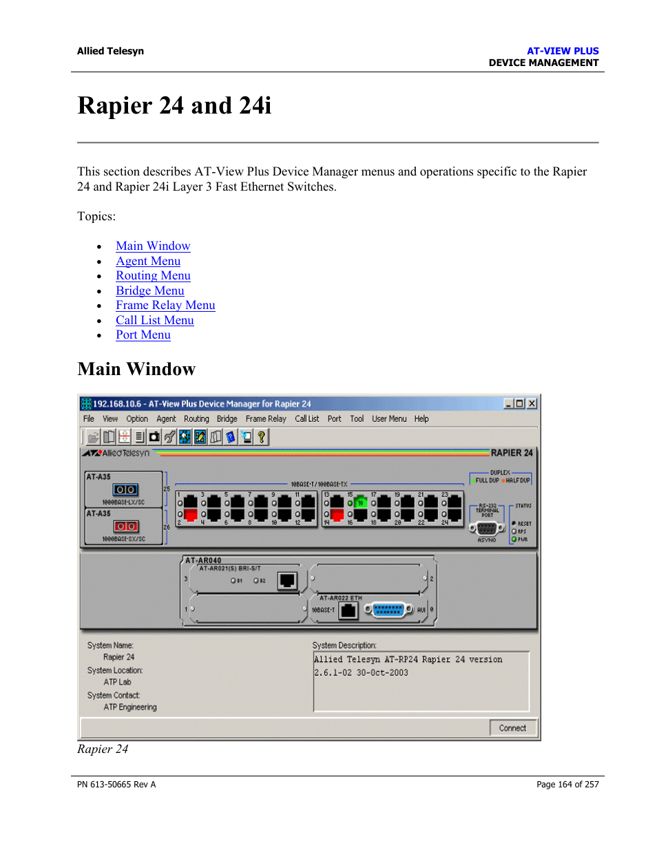 Rapier 24 and 24i, Main window | Allied Telesis AT-VIEW PLUS 3.0 DEVICE MANAGEMENT User Manual | Page 164 / 257