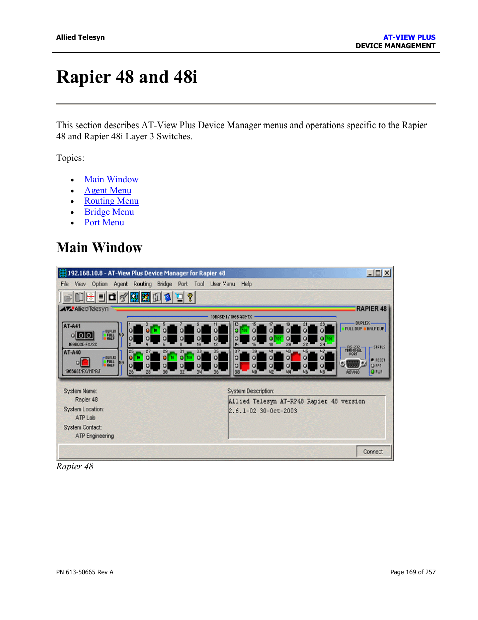 Rapier 48 and 48i, Main window | Allied Telesis AT-VIEW PLUS 3.0 DEVICE MANAGEMENT User Manual | Page 169 / 257