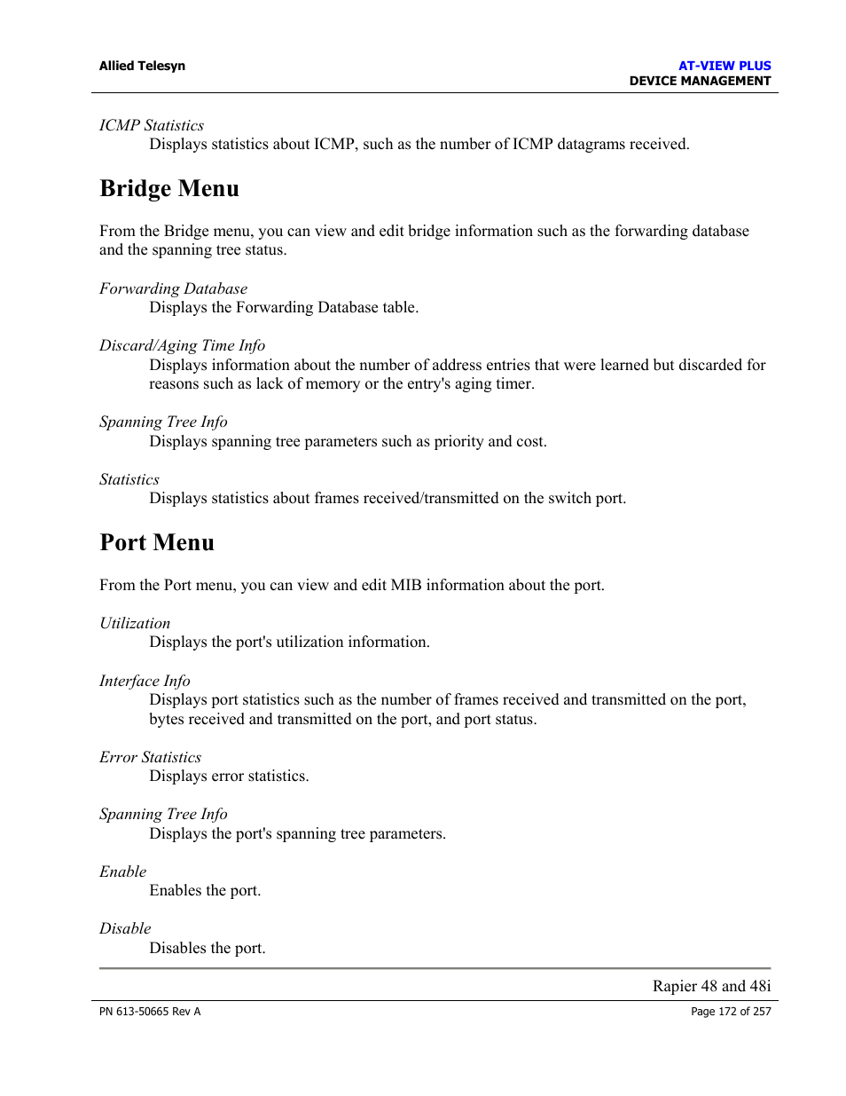Bridge menu, Port menu, Bridge menu port menu | Allied Telesis AT-VIEW PLUS 3.0 DEVICE MANAGEMENT User Manual | Page 172 / 257