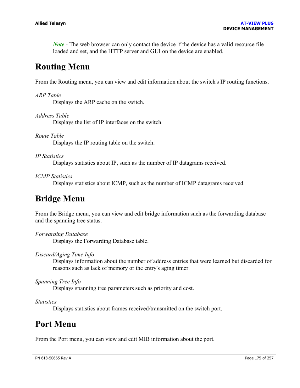 Routing menu, Bridge menu, Port menu | Routing menu bridge menu port menu | Allied Telesis AT-VIEW PLUS 3.0 DEVICE MANAGEMENT User Manual | Page 175 / 257