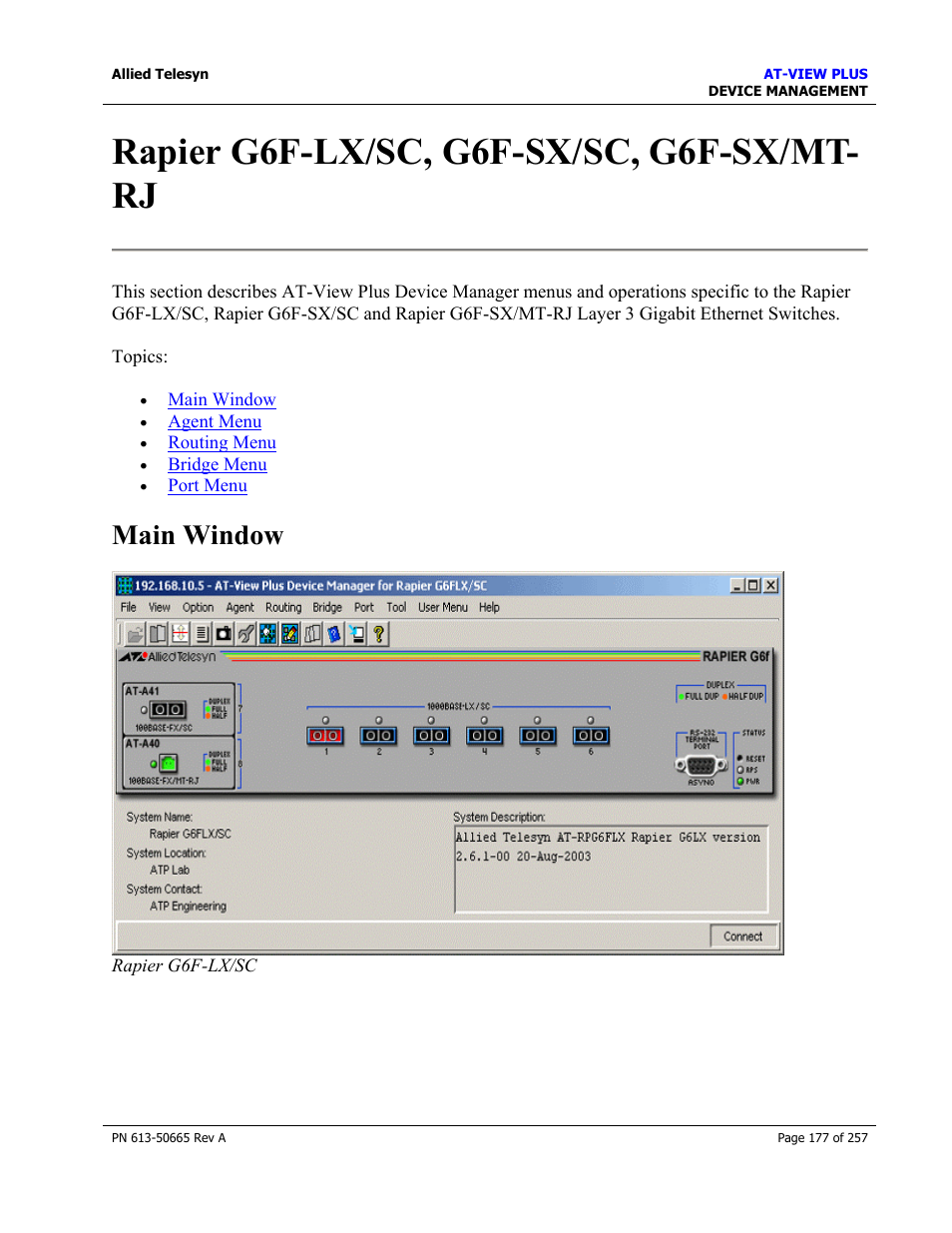 Rapier g6f-lx/sc, g6f-sx/sc, g6f-sx/mt-rj, Main window, Rapier g6f-lx/sc, g6f-sx/sc, g6f-sx/mt- rj | Allied Telesis AT-VIEW PLUS 3.0 DEVICE MANAGEMENT User Manual | Page 177 / 257