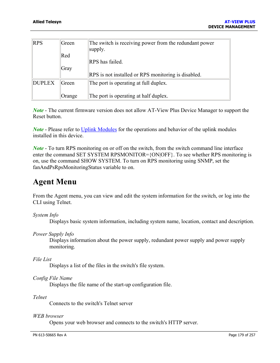 Agent menu | Allied Telesis AT-VIEW PLUS 3.0 DEVICE MANAGEMENT User Manual | Page 179 / 257