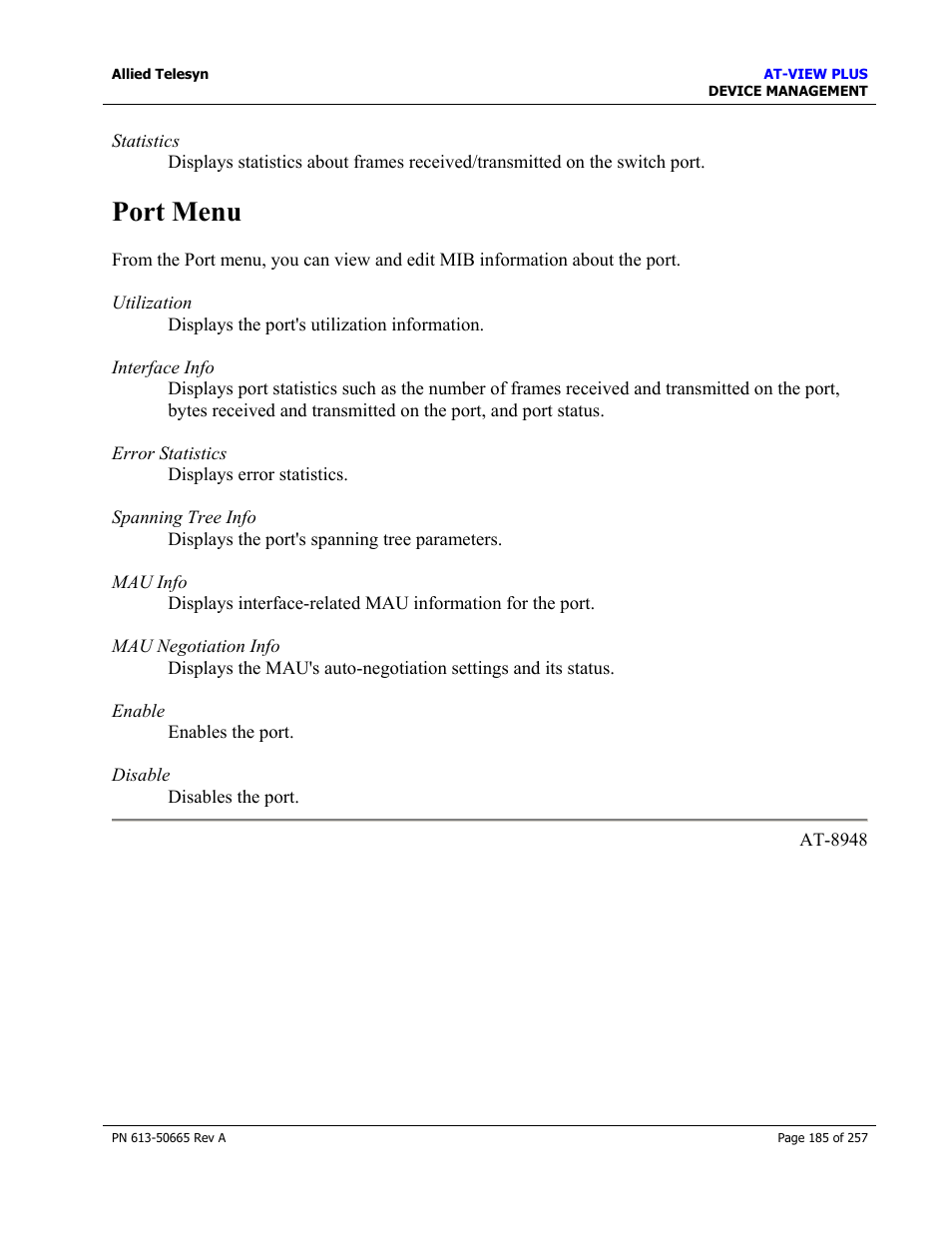 Port menu | Allied Telesis AT-VIEW PLUS 3.0 DEVICE MANAGEMENT User Manual | Page 185 / 257