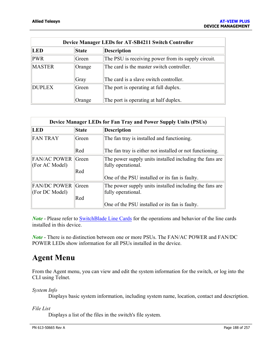 Agent menu | Allied Telesis AT-VIEW PLUS 3.0 DEVICE MANAGEMENT User Manual | Page 188 / 257