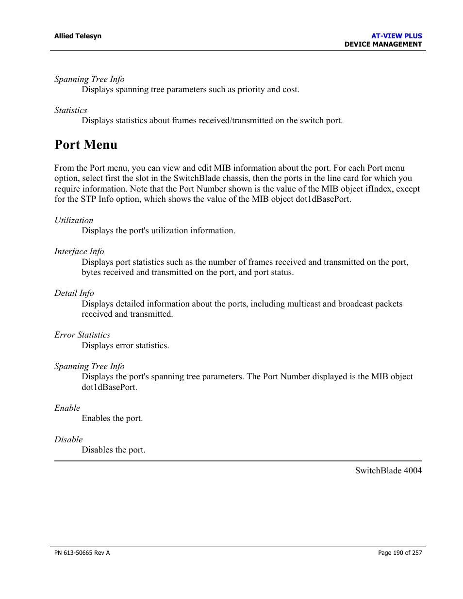 Port menu | Allied Telesis AT-VIEW PLUS 3.0 DEVICE MANAGEMENT User Manual | Page 190 / 257