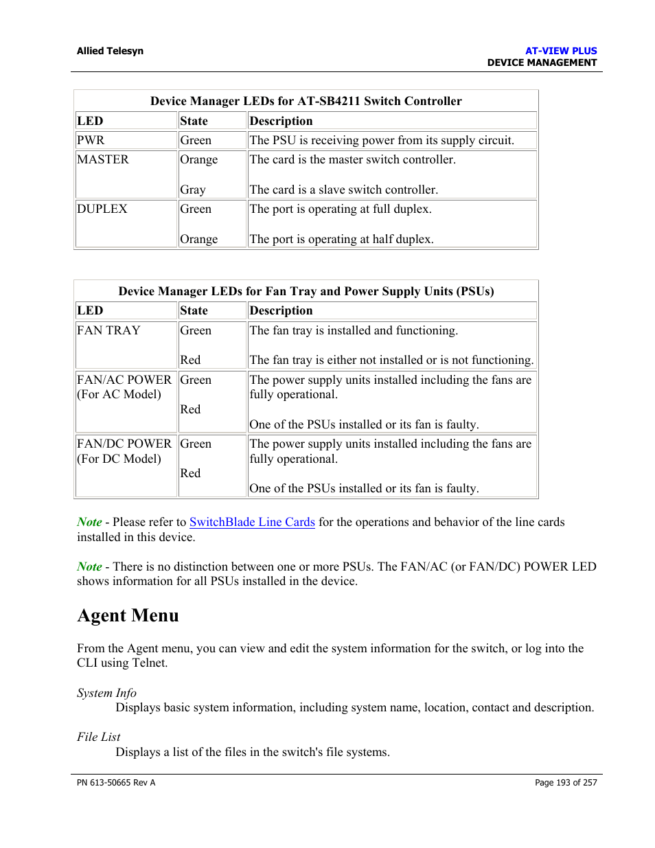 Agent menu | Allied Telesis AT-VIEW PLUS 3.0 DEVICE MANAGEMENT User Manual | Page 193 / 257