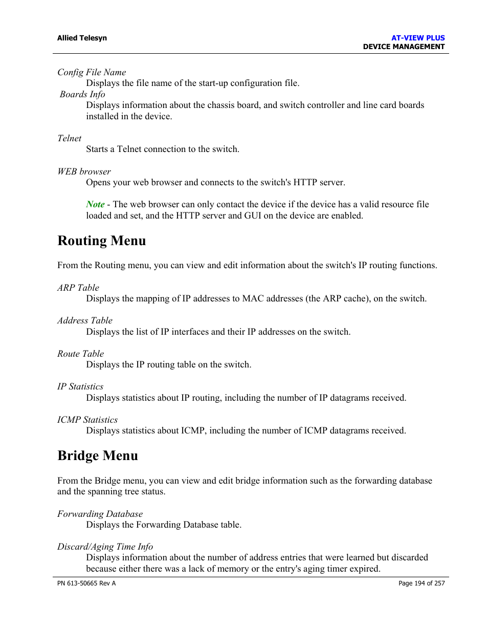 Routing menu, Bridge menu, Routing menu bridge menu | Allied Telesis AT-VIEW PLUS 3.0 DEVICE MANAGEMENT User Manual | Page 194 / 257