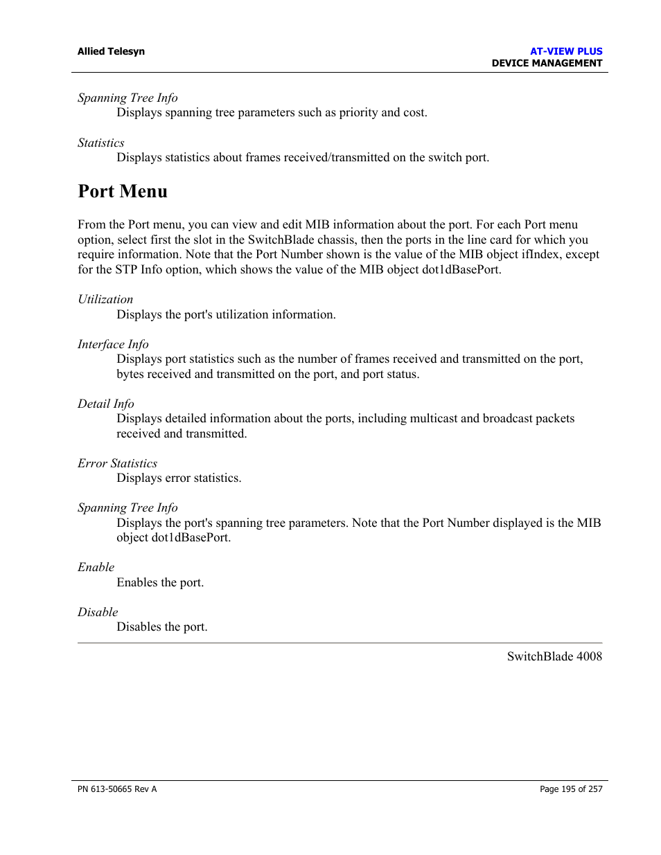 Port menu | Allied Telesis AT-VIEW PLUS 3.0 DEVICE MANAGEMENT User Manual | Page 195 / 257