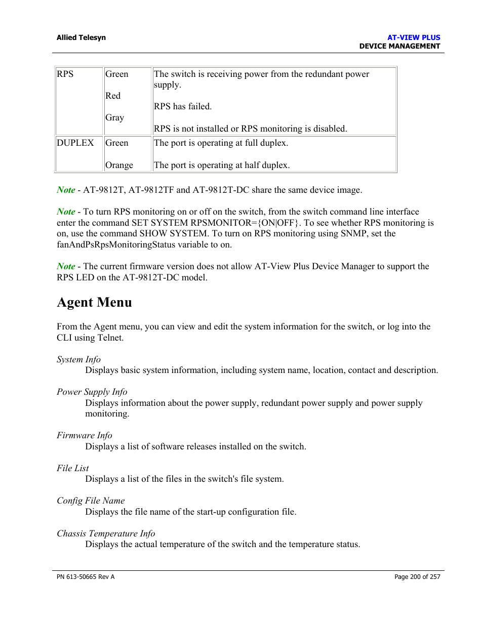 Agent menu | Allied Telesis AT-VIEW PLUS 3.0 DEVICE MANAGEMENT User Manual | Page 200 / 257