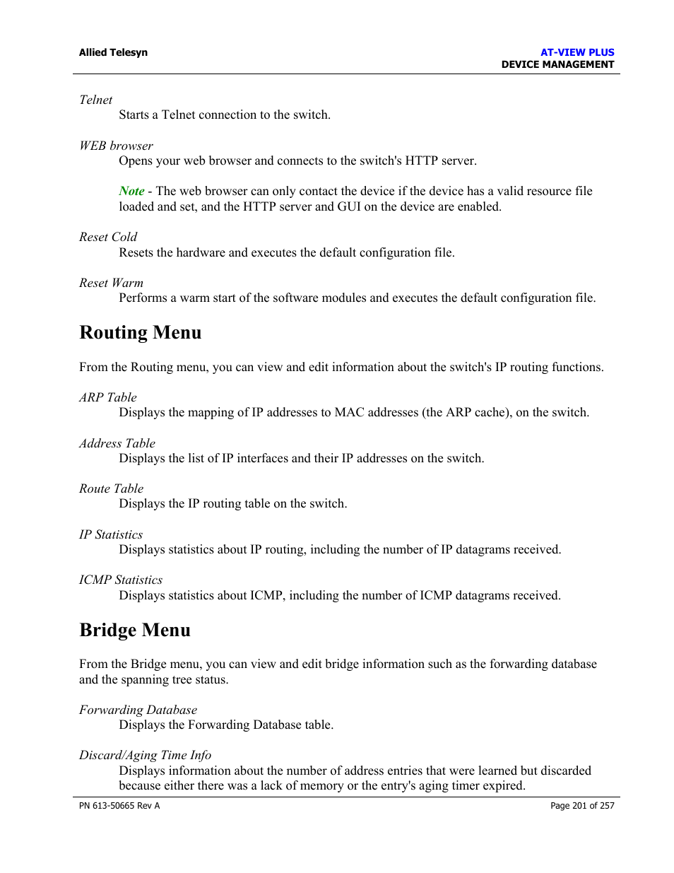 Routing menu, Bridge menu, Routing menu bridge menu | Allied Telesis AT-VIEW PLUS 3.0 DEVICE MANAGEMENT User Manual | Page 201 / 257