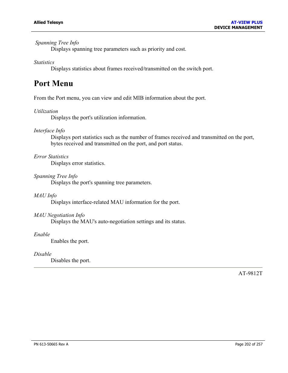 Port menu | Allied Telesis AT-VIEW PLUS 3.0 DEVICE MANAGEMENT User Manual | Page 202 / 257