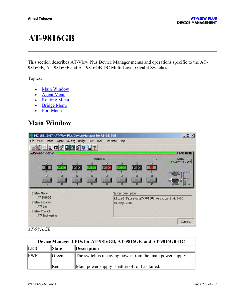 At-9816gb, Main window | Allied Telesis AT-VIEW PLUS 3.0 DEVICE MANAGEMENT User Manual | Page 203 / 257