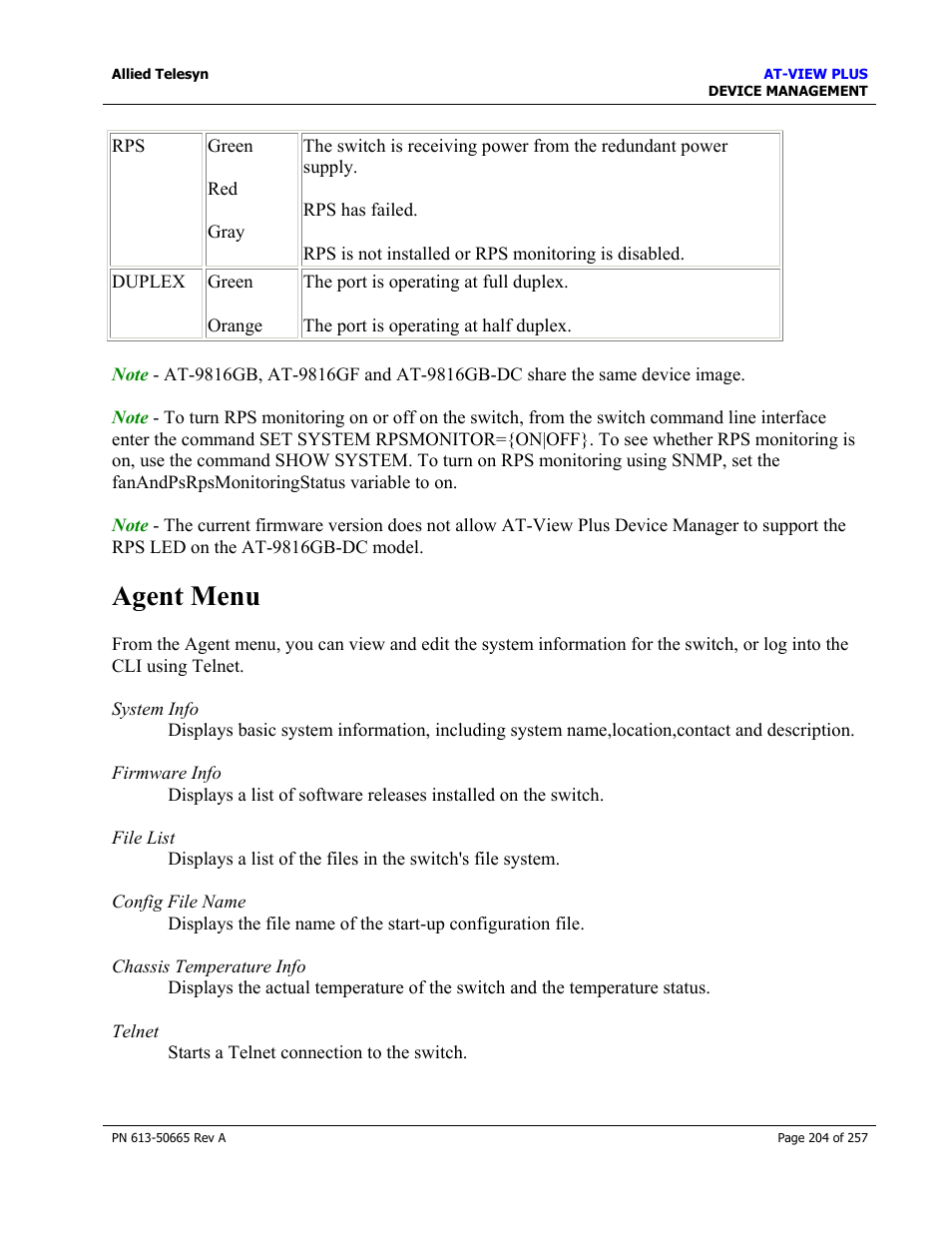 Agent menu | Allied Telesis AT-VIEW PLUS 3.0 DEVICE MANAGEMENT User Manual | Page 204 / 257