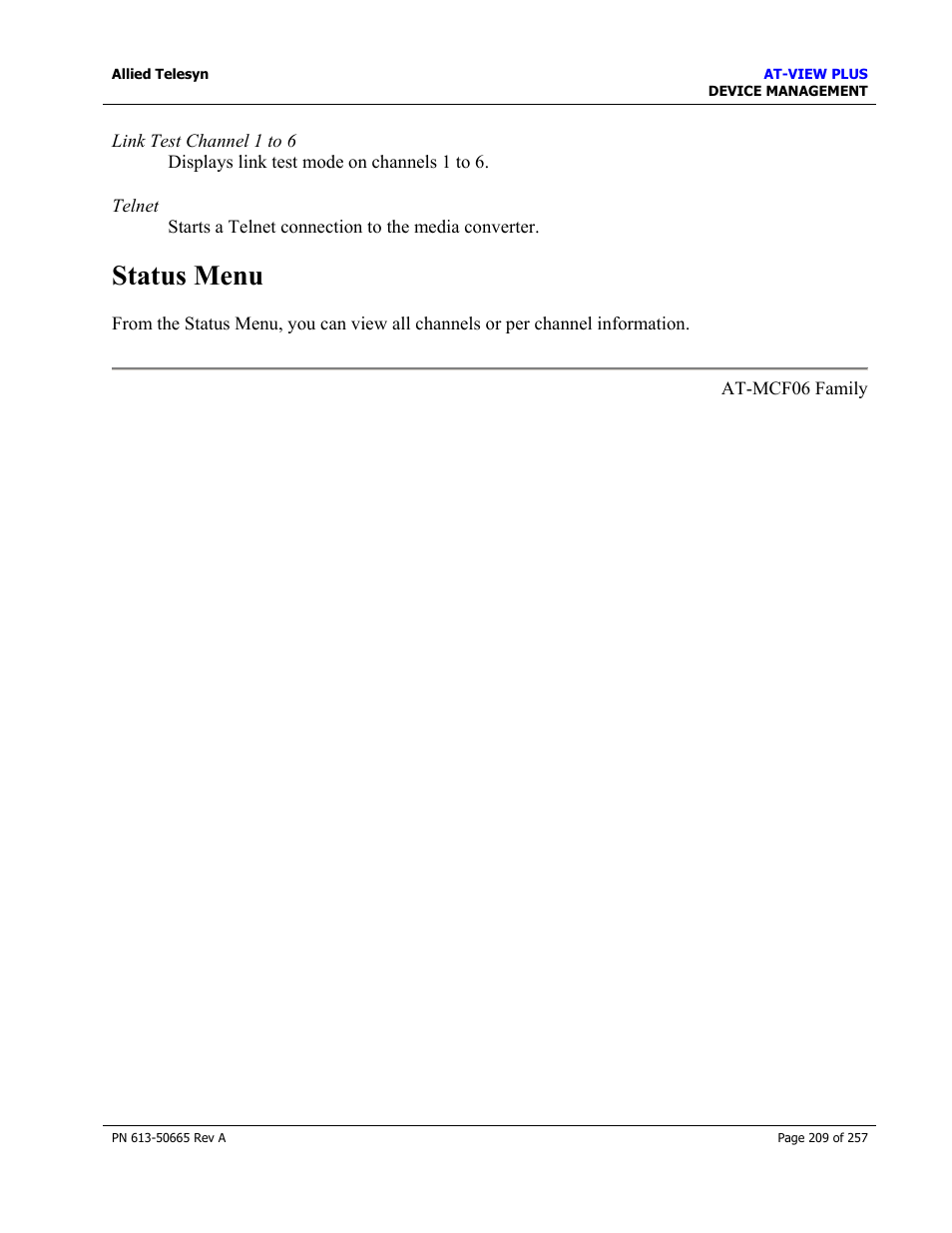Status menu | Allied Telesis AT-VIEW PLUS 3.0 DEVICE MANAGEMENT User Manual | Page 209 / 257