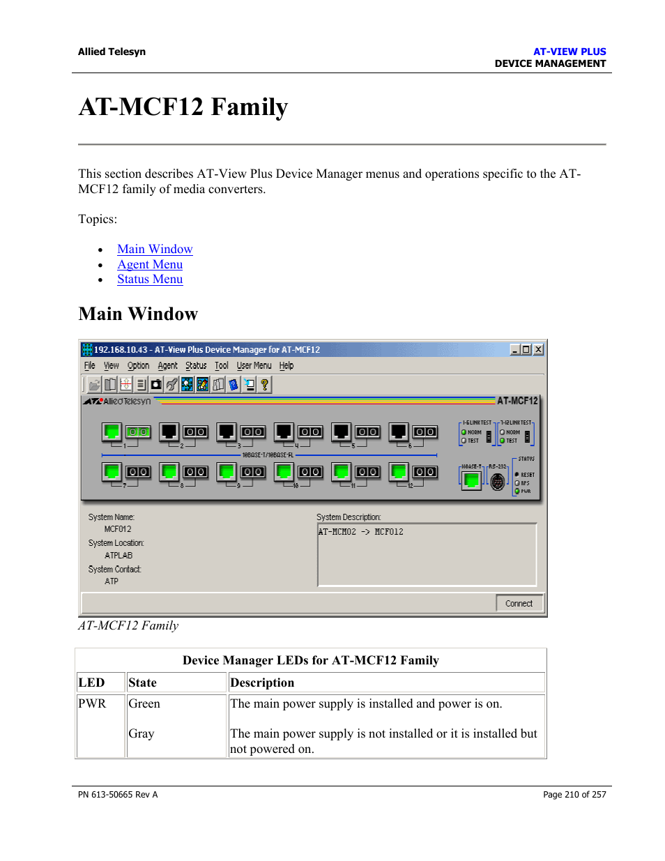 At-mcf12 family, Main window | Allied Telesis AT-VIEW PLUS 3.0 DEVICE MANAGEMENT User Manual | Page 210 / 257