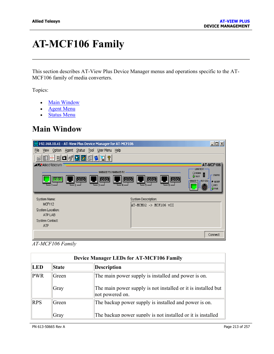 At-mcf106 family, Main window | Allied Telesis AT-VIEW PLUS 3.0 DEVICE MANAGEMENT User Manual | Page 213 / 257