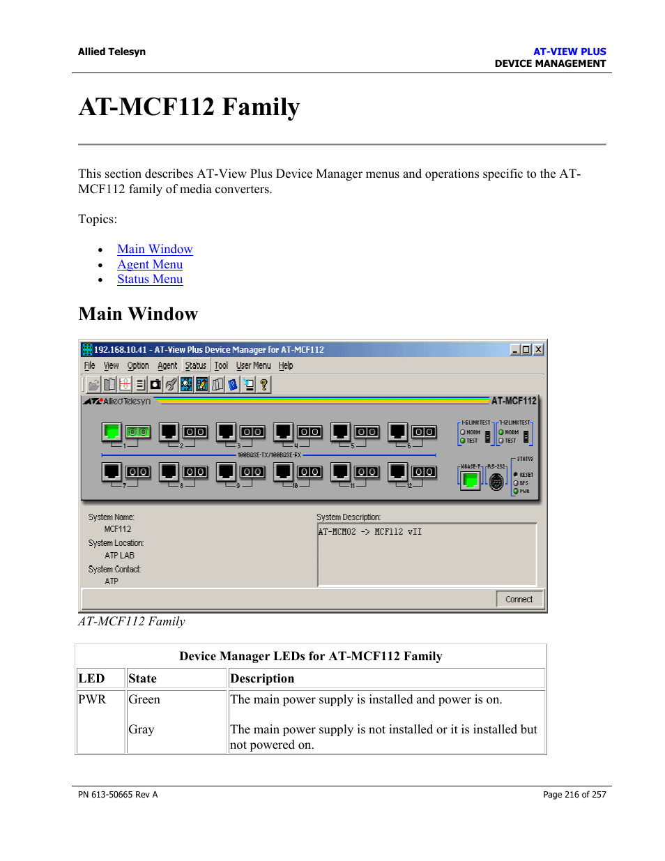 At-mcf112 family, Main window | Allied Telesis AT-VIEW PLUS 3.0 DEVICE MANAGEMENT User Manual | Page 216 / 257
