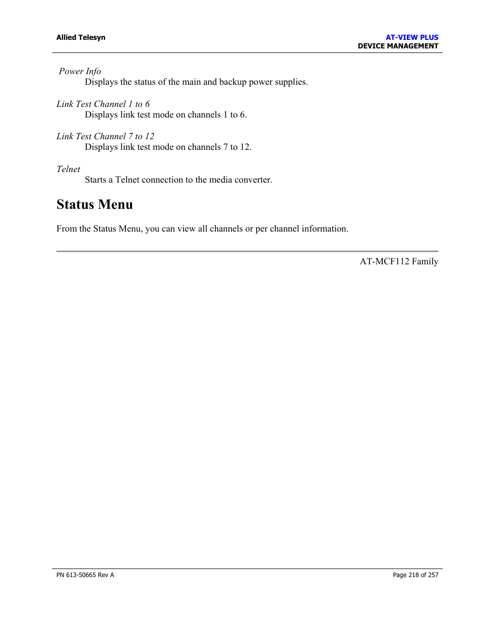 Status menu | Allied Telesis AT-VIEW PLUS 3.0 DEVICE MANAGEMENT User Manual | Page 218 / 257