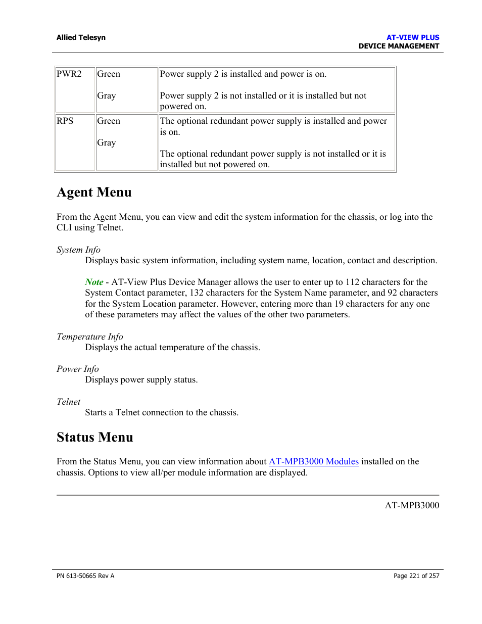 Agent menu, Status menu, Agent menu status menu | Allied Telesis AT-VIEW PLUS 3.0 DEVICE MANAGEMENT User Manual | Page 221 / 257