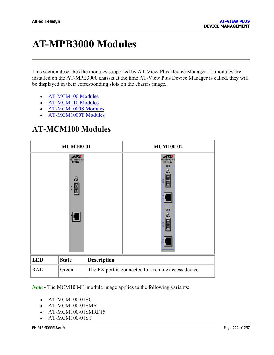 At-mpb3000 modules, At-mcm100 modules | Allied Telesis AT-VIEW PLUS 3.0 DEVICE MANAGEMENT User Manual | Page 222 / 257